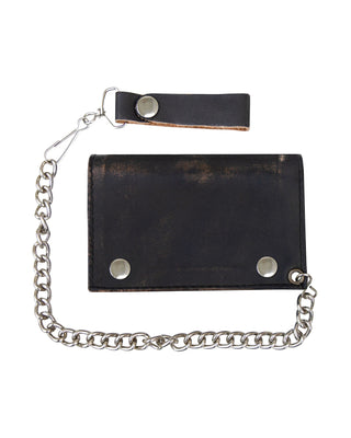 Dream Apparel Distress Brown Leather Heavy Duty Biker Trifold Chain Wallet with Snaps