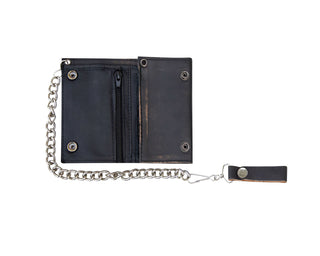 Dream Apparel Distress Brown Leather Heavy Duty Biker Trifold Chain Wallet with Snaps