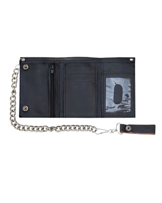 Dream Apparel Distress Brown Leather Heavy Duty Biker Trifold Chain Wallet with Snaps