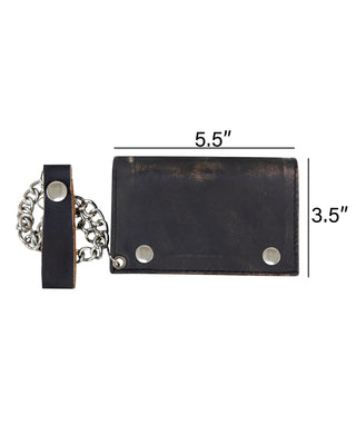 Dream Apparel Distress Brown Leather Heavy Duty Biker Trifold Chain Wallet with Snaps