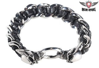 Stainless Steel Motorcycle Bracelet with Skulls & Leather Lace