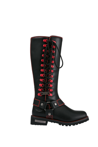 Dream Apparel Women Biker Black Long Boots with Red Laces