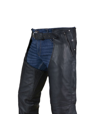 Dream Apparel Black 100% Genuine Leather Motorcycle Chaps Zip-Out Liner, 4 Pockets Biker Pants