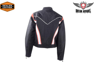 Women's Black Lightweight Racer Style Textile Jacket - Orange/White Strips And Studs