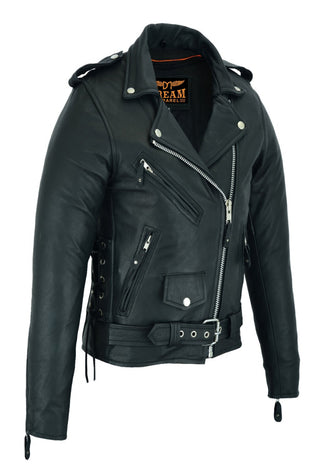 Dream Apparel Women Motorcycle Leather Jacket Cowhide Leather Conceal Carry Pockets Side Laces