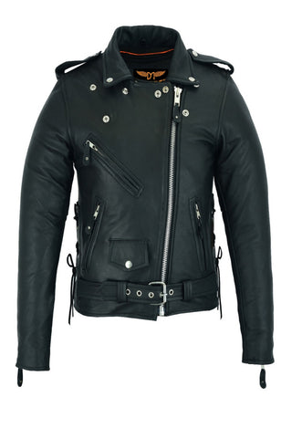 Dream Apparel Women Motorcycle Leather Jacket Cowhide Leather Conceal Carry Pockets Side Laces