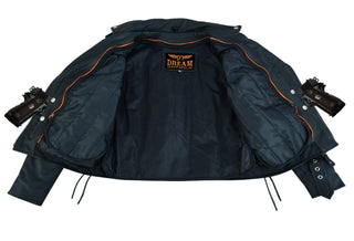 Dream Apparel Women Motorcycle Leather Jacket Cowhide Leather Conceal Carry Pockets Side Laces