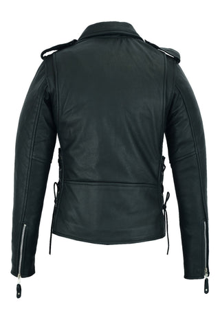 Dream Apparel Women Motorcycle Leather Jacket Cowhide Leather Conceal Carry Pockets Side Laces