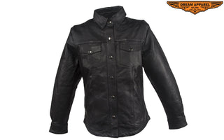 Womens Classic Soft Leather Motorcycle Shirt With Fold Down Collar