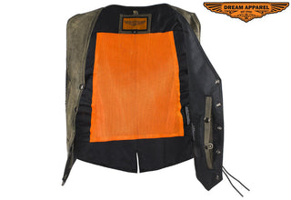 Women's Distressed Brown Leather Motorcycle Vest With Side Laces