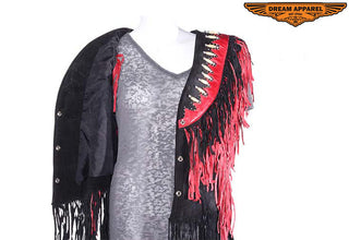Dream Apparel Womens Leather Vest with Black & Red Fringes