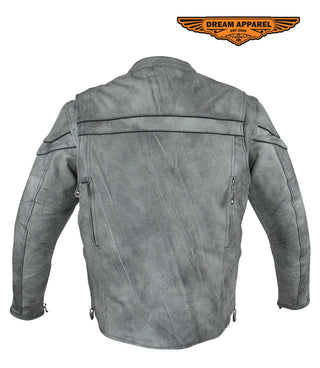 Mens Gray Naked Cowhide Leather Motorcycle Jacket With Zipper On Front