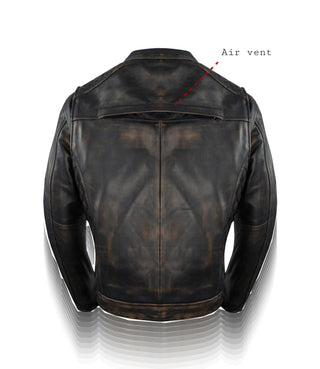 Mens Motorcycle Jacket Distress Brown Naked Cowhide Leather Diamond Pattern on Sides & Shoulder