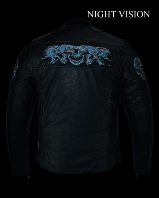 Mens Leather Jacket With Sleek Collar and Reflective Skulls & Gun Pockets Heavy Duty