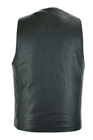 Dream Apparel Mens Plain Black Leather Vest Heavy Duty Premium Cowhide Leather Concealed Pockets