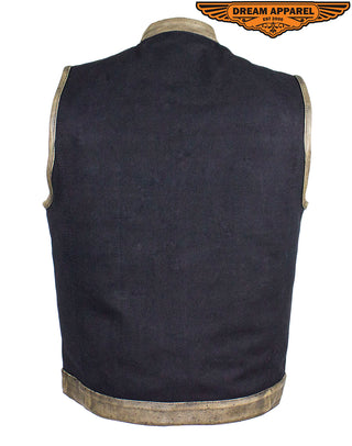 Black Canvas Motorcycle Vest with Distressed Brown Leather Trim