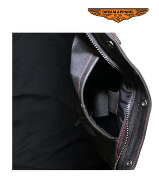Men's Black Premium Naked Cowhide Leather CLUB VEST with Red Stitching