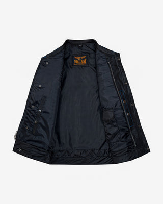 Dream Apparel Mens Black Club Vest Diamond Design Blue Thread Premium Cowhide Leather