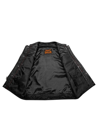 Dream Apparel Mens Naked Leather Motorcycle Club Vest Red Thread Zipper Front, Diamond Padding