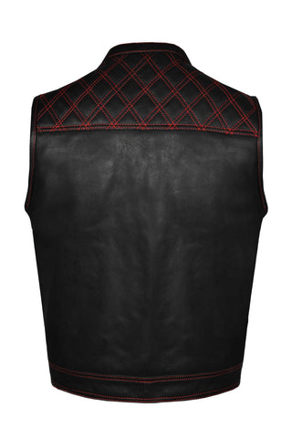 Dream Apparel Mens Naked Leather Motorcycle Club Vest Red Thread Zipper Front, Diamond Padding