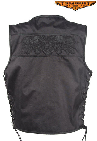 Mens Black Textile Motorcycle Vest With Reflective Skulls Across Chest & Back