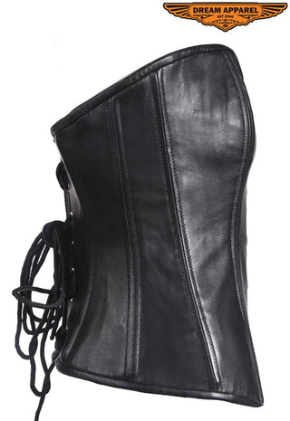 Womens Strapless Lamb Leather Corset With Metal Busks & Grommets