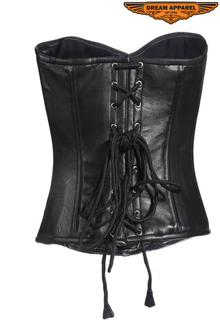 Womens Strapless Lamb Leather Corset With Metal Busks & Grommets